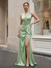 Navy Blue Halter V-Neck Satin Gown with Side Knot and High Slit Evening Dress