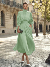 Sophisticated Emerald Green Satin High-Neck Midi Dress Gown