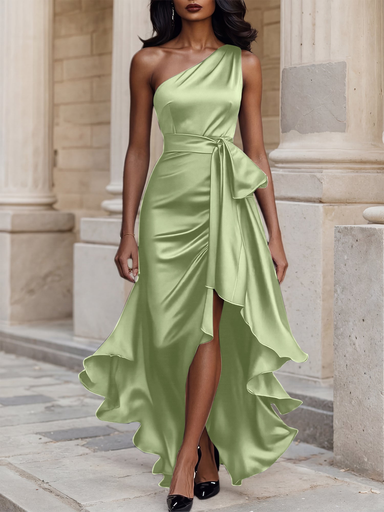 Glamorous Formal Dress Midnight Navy One Shoulder High-Low Satin Gown Midi Dress
