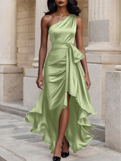 Glamorous Formal Dress Midnight Navy One Shoulder High-Low Satin Gown Midi Dress