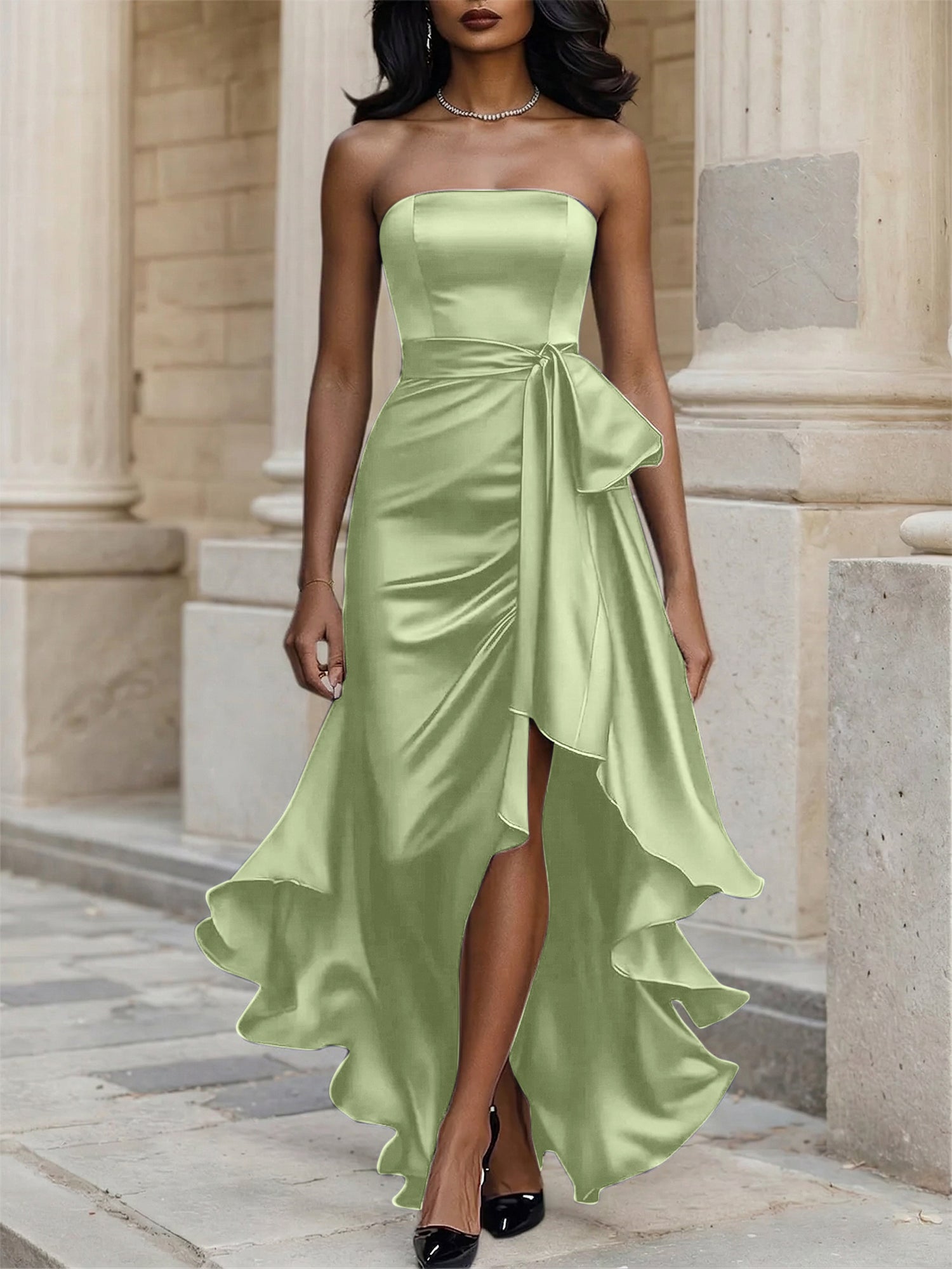 Glamorous Formal Dress Midnight Navy Strapless Satin Gown Midi Dress