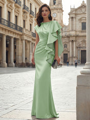 Elegant Formal Evening Dress Moonlight Silver Asymmetrical Ruffle Satin Gown