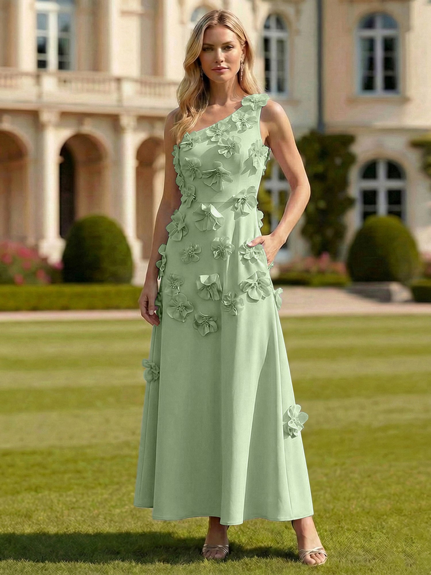 A Line One Shoulder Sleeveless Floor Length Stretch Crepe Dress With 3D Flowers