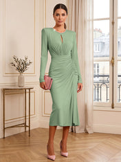Dusty Rose Long Sleeve Ruched Midi Dress Formal Evening Gown