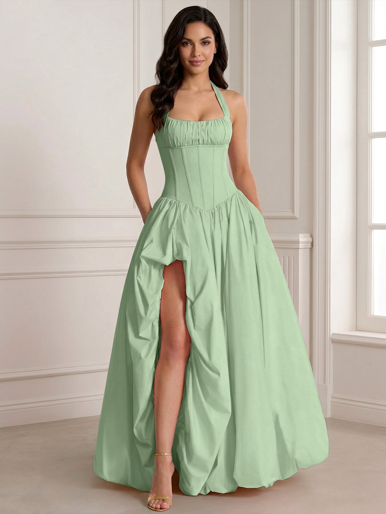 Glamorous Blush Pink Halter Corset Evening Paty Dress Gown