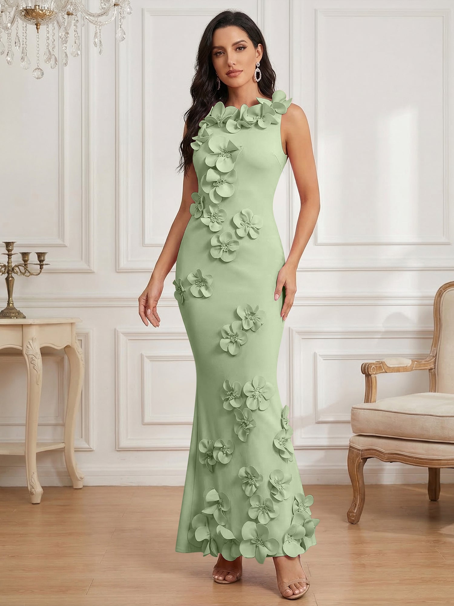 Romantic Pink Sleeveless 3D Floral Mermaid Gown