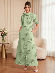 Pink Short Sleeve 3D Floral Maxi Dress Gown