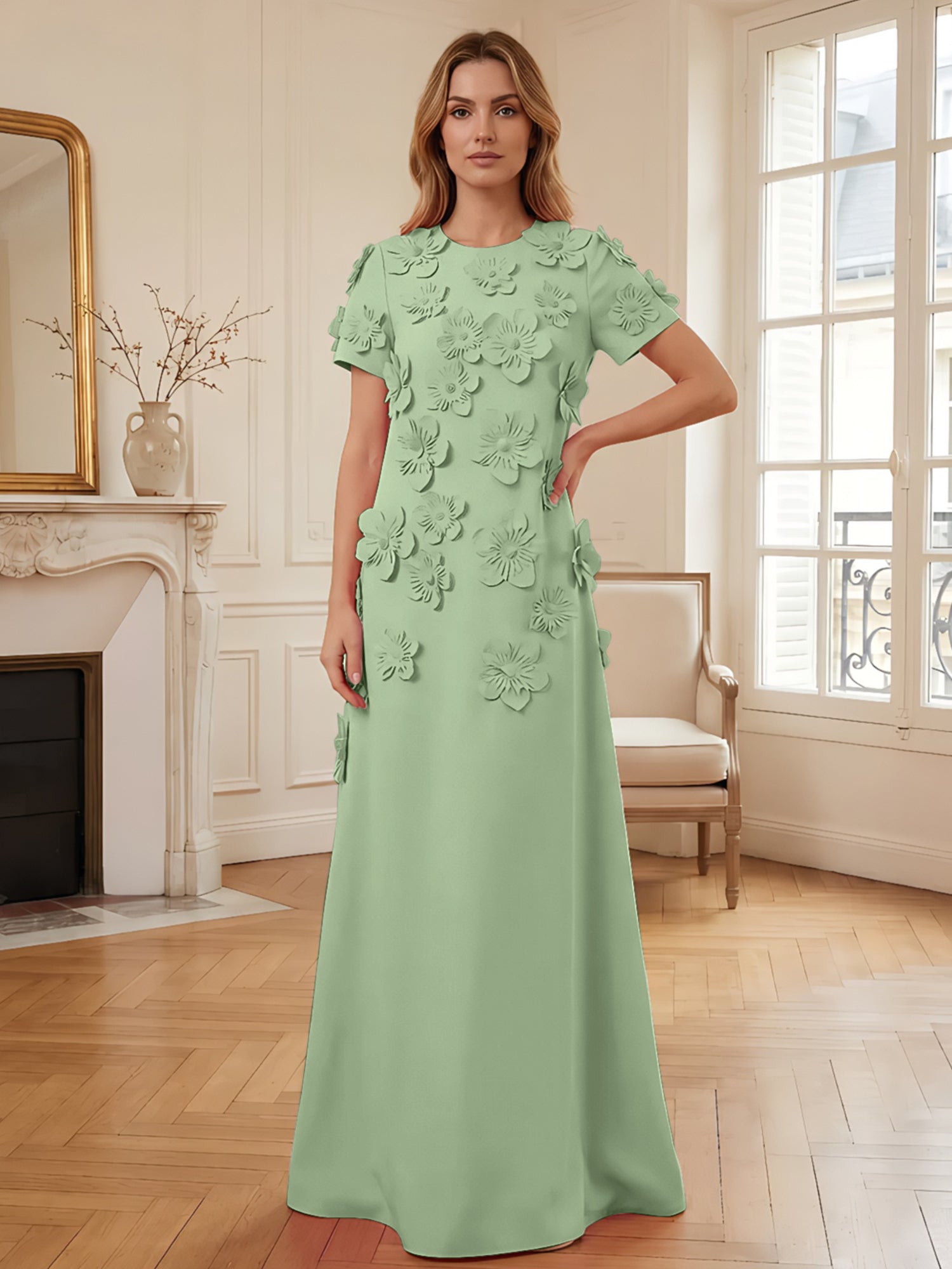 Short Sleeve Crew Neck A-Line Gown with 3D Floral Appliques Evening Dresses