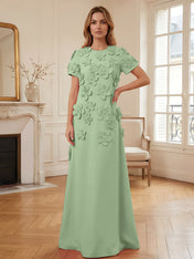 Short Sleeve Crew Neck A-Line Gown with 3D Floral Appliques Evening Dresses