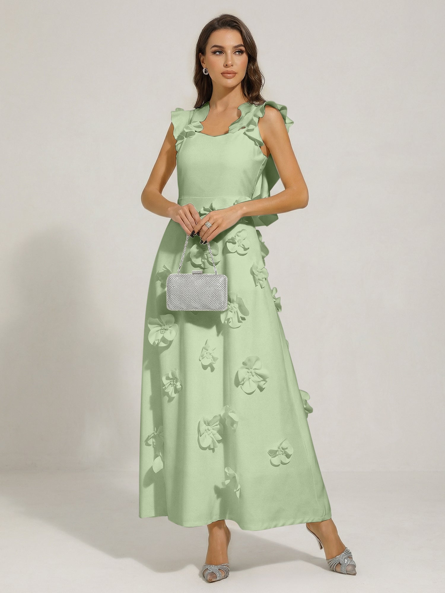 Chic White 3D Flowers A-Line Floor Length Stretch Crepe Dress with Pockets Maxi Dress