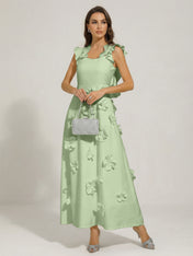 Chic White 3D Flowers A-Line Floor Length Stretch Crepe Dress with Pockets Maxi Dress