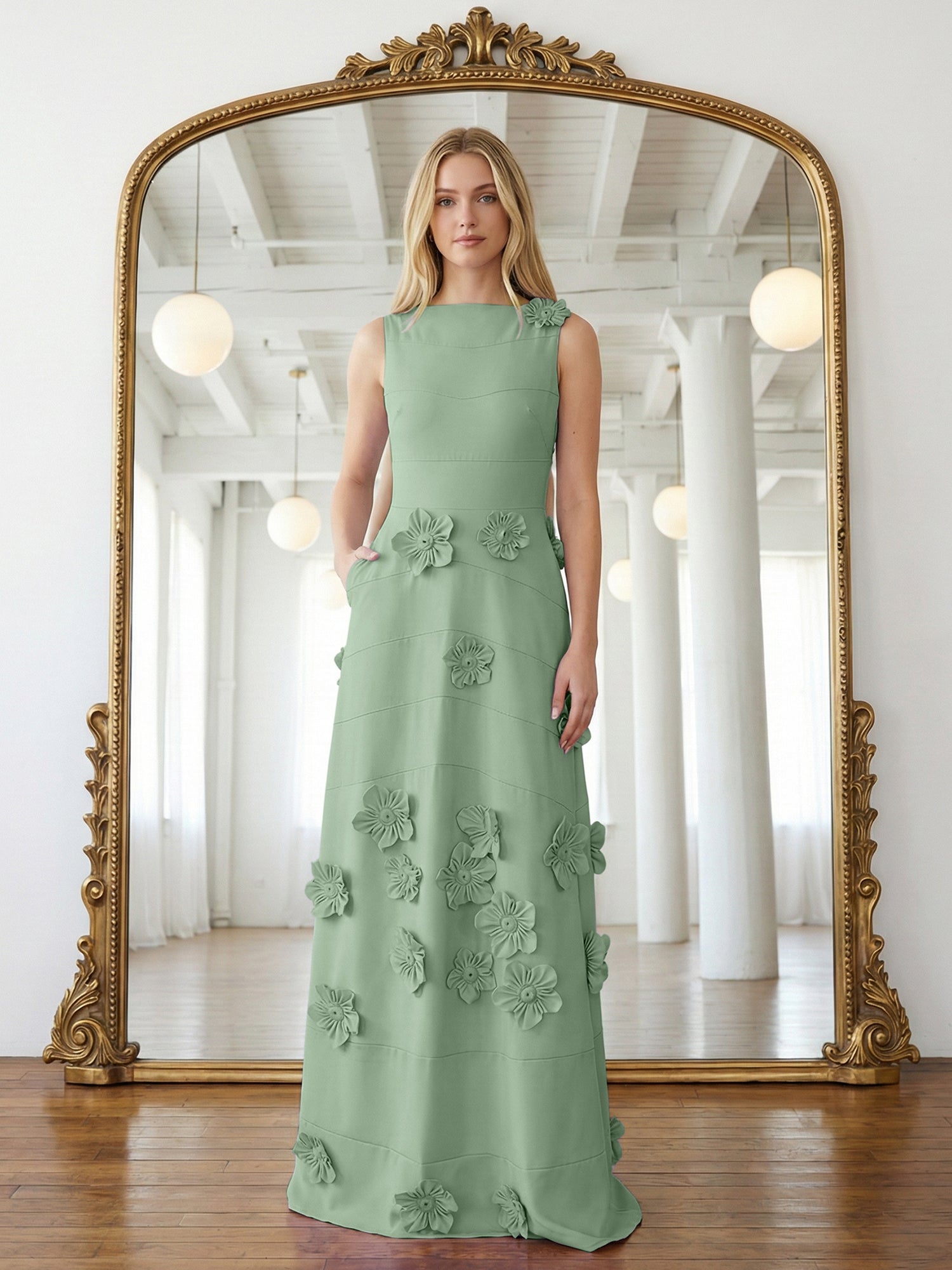 Lavender Boat Neck Formal Gown with Cascading 3D Flowers