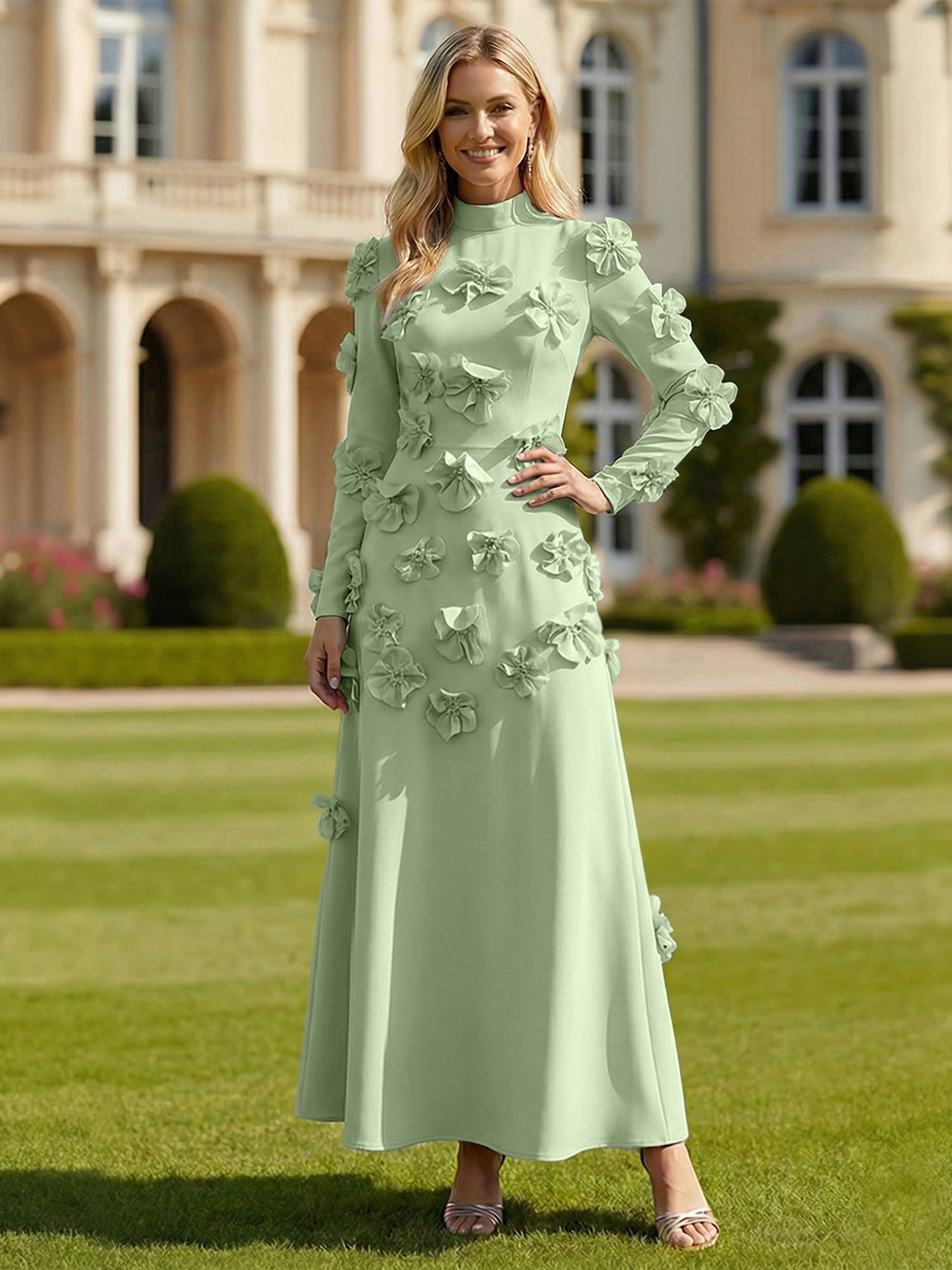 A Line High Neck Long Sleeves Stretch Crepe Dress With 3D Flowers