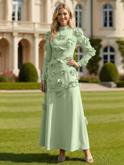 A Line High Neck Long Sleeves Stretch Crepe Dress With 3D Flowers