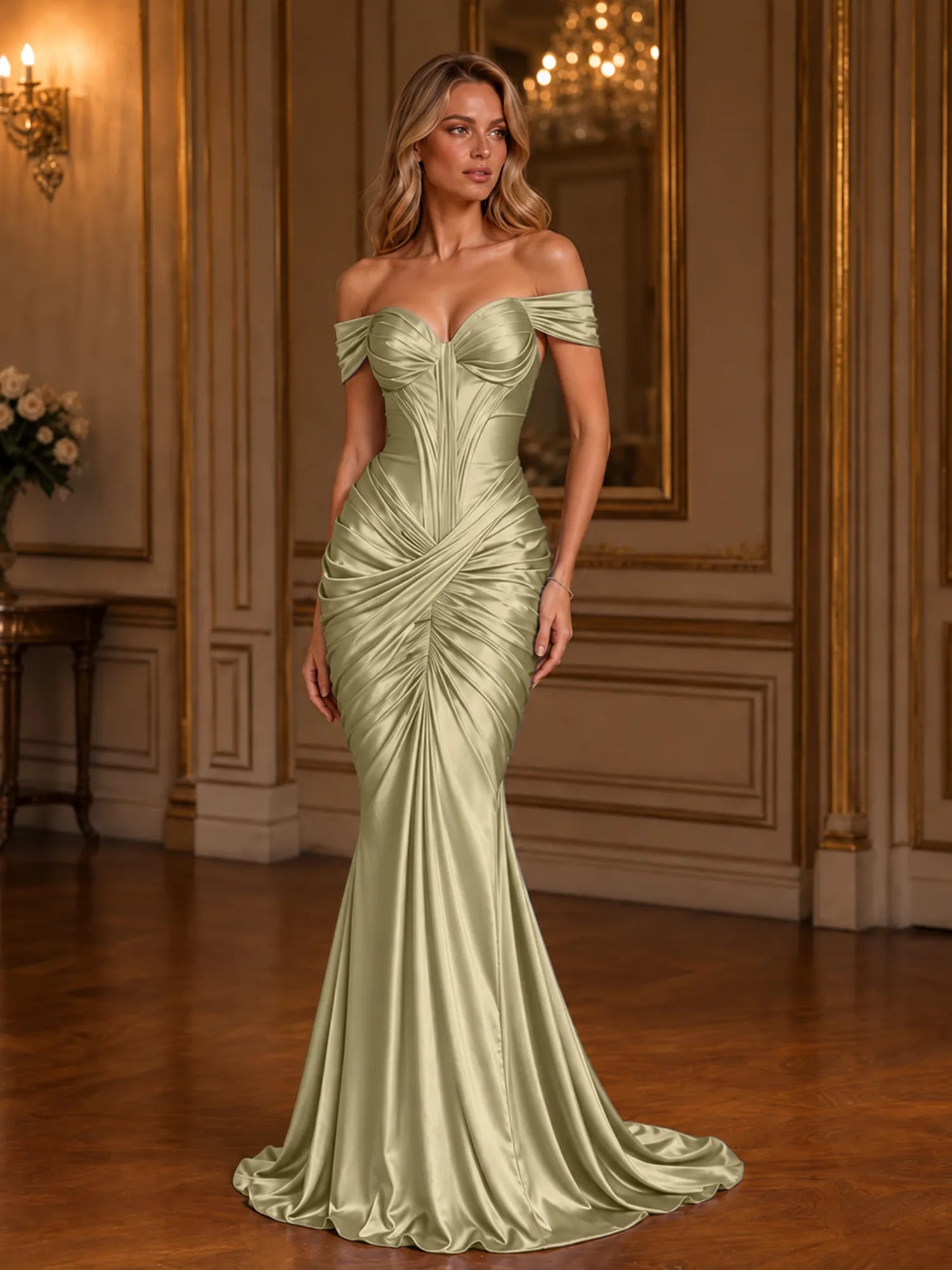 Burgundy Off-The-Shoulder Ruched Mermaid Floor-Length Gown Dress