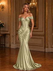 Burgundy Off-The-Shoulder Ruched Mermaid Floor-Length Gown Dress