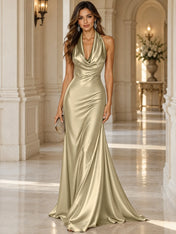 Elegant and Luxurious Cowl-neck Champagne Gold Satin Maxi Dress
