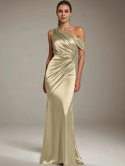 Formal Party Satin Dress Silver One-Shoulder Pleated  Floor-Length Dress