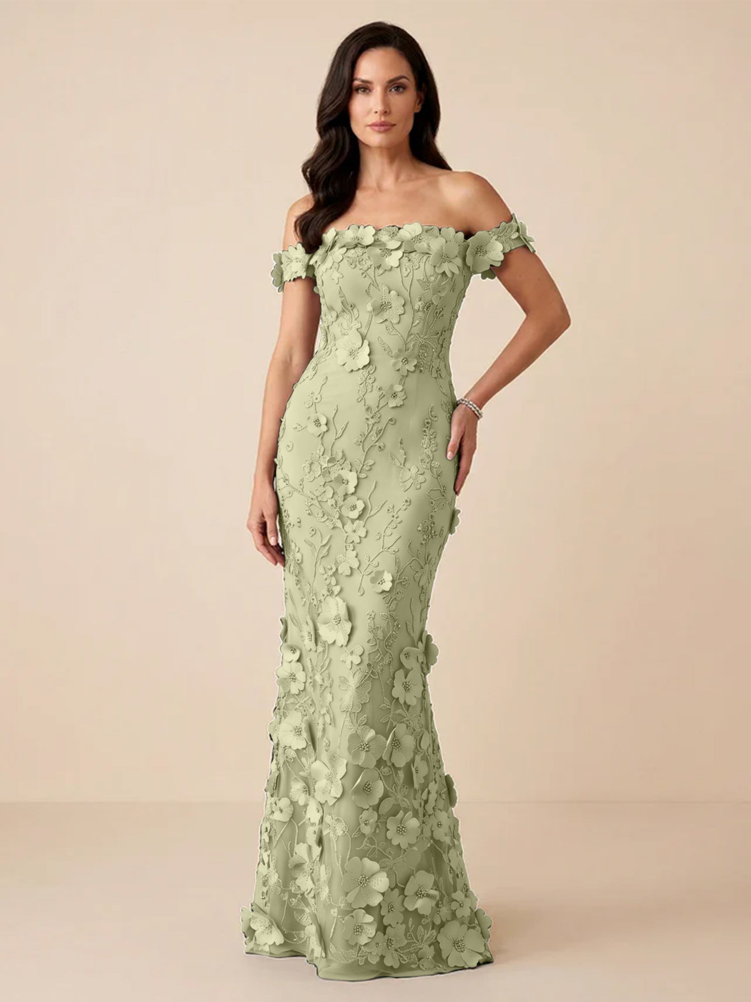 Black Off-the-Shoulder 3D Floral Mermaid Formal Gown Evening Dress