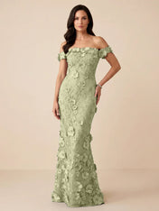 Black Off-the-Shoulder 3D Floral Mermaid Formal Gown Evening Dress