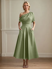 A Line Satin One Shoulder Pleated Ankle Length Mother of the Bride Dress