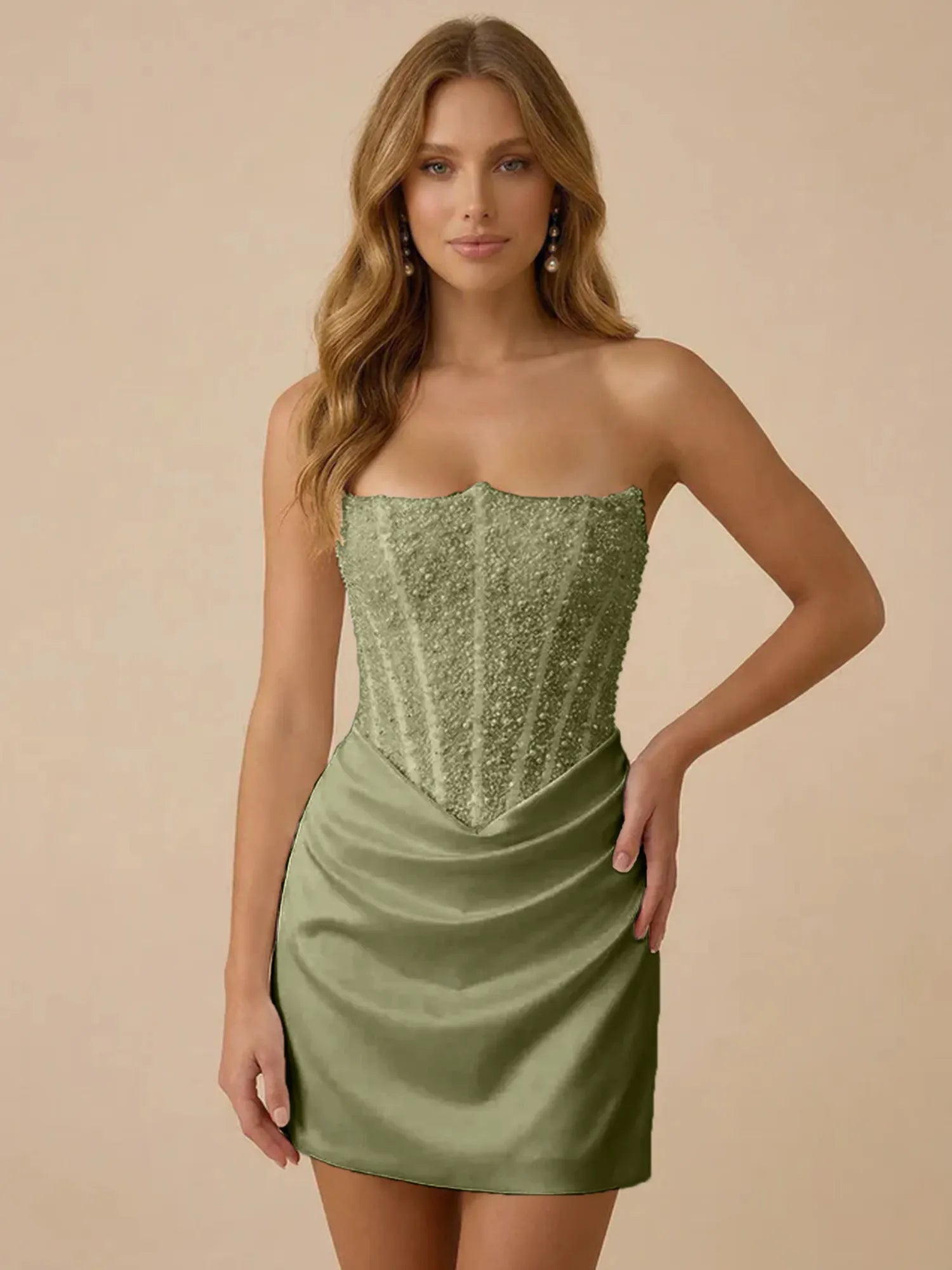 White Strapless Sequin Beaded Satin Short Homecoming Dress with Corset