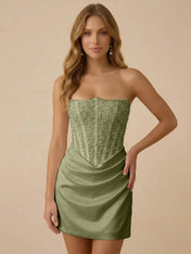 White Strapless Sequin Beaded Satin Short Homecoming Dress with Corset