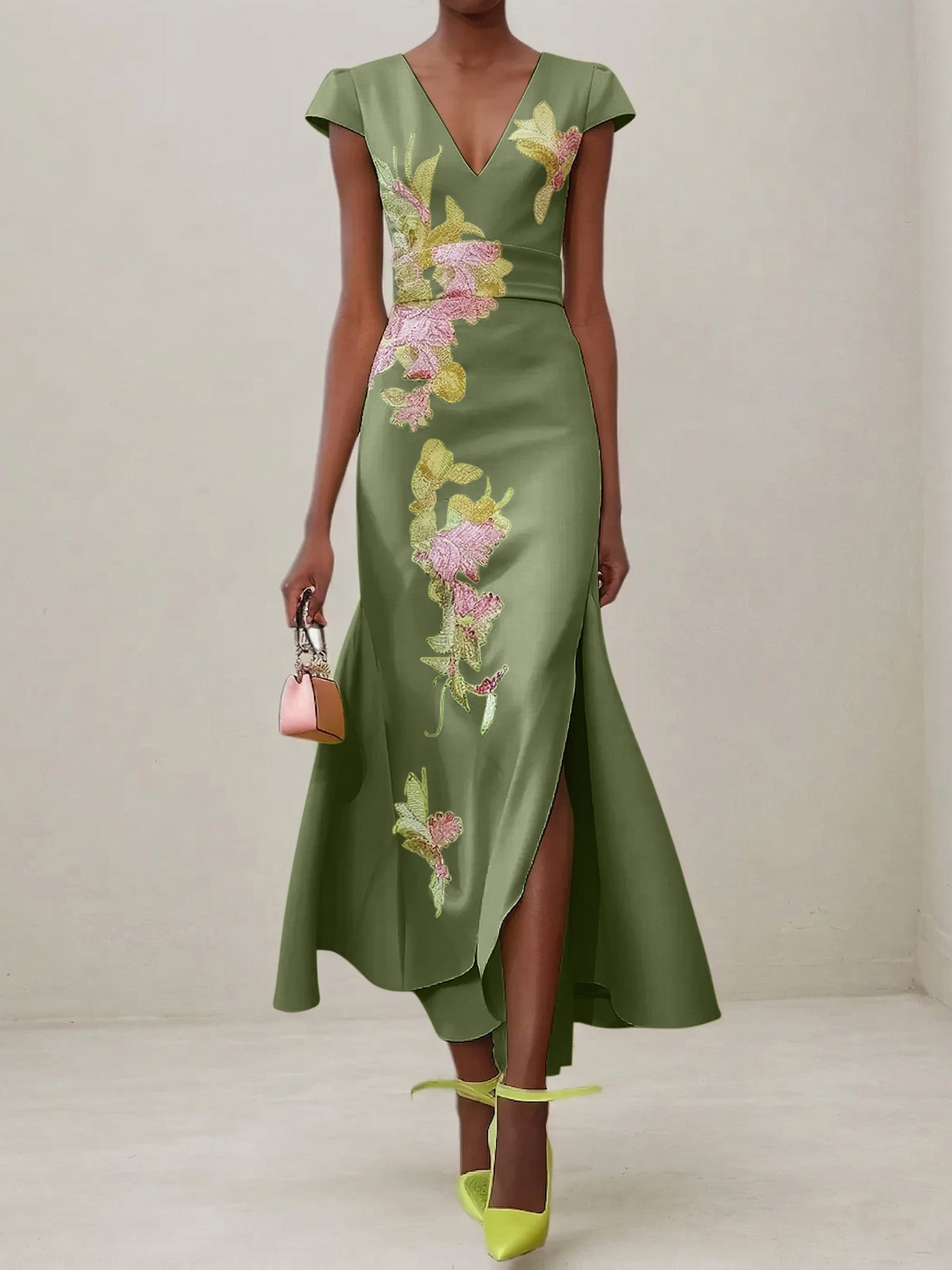 Green Floral V Neck Embroidered Cap Sleeve Slit Sheath Maxi Dress