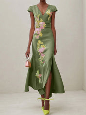 Green Floral V Neck Embroidered Cap Sleeve Slit Sheath Maxi Dress