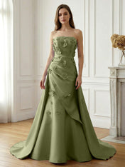 Lavender Satin 3D Floral Strapless A-Line Gown