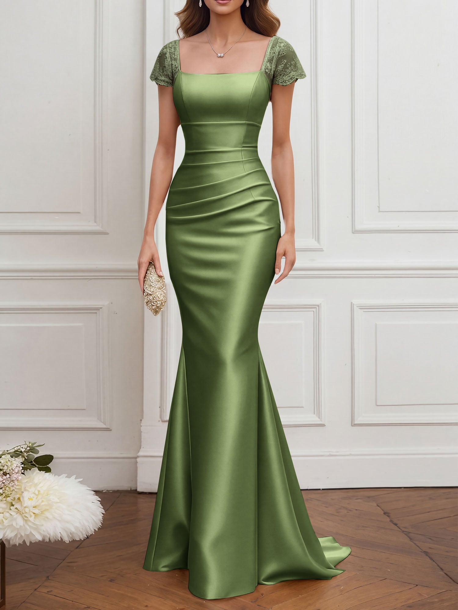 Mother of the Bride Dress Champagne Satin Square Neck Maxi Dress