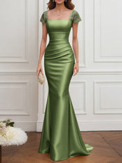 Mother of the Bride Dress Champagne Satin Square Neck Maxi Dress