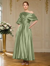 A-line Short Sleeves Pleated Ankle-Length Silk like Satin Mother of the Bride Dress