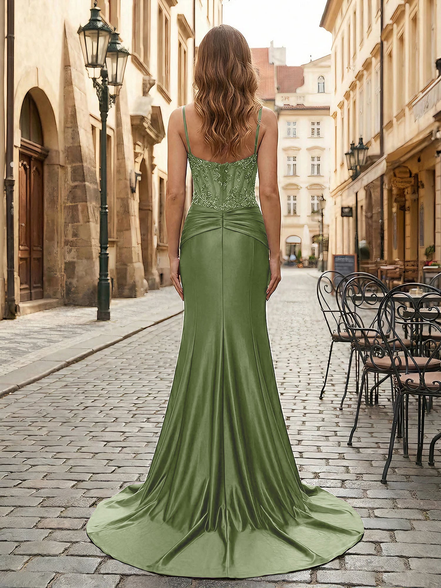 Purple Mermaid Spaghetti Straps Satin Long Corset Appliqued Prom Dress