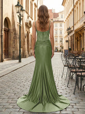 Purple Mermaid Spaghetti Straps Satin Long Corset Appliqued Prom Dress