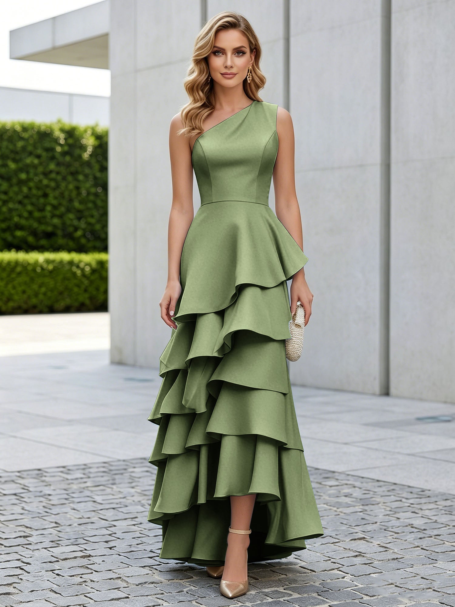 One Shoulder Tiered Ruffle Satin Mermaid Evening Gown with Sculptural Layers