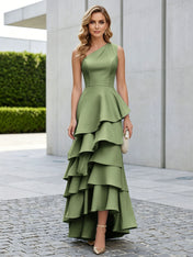 One Shoulder Tiered Ruffle Satin Mermaid Evening Gown with Sculptural Layers
