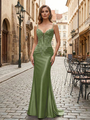 Purple Mermaid Spaghetti Straps Satin Long Corset Appliqued Prom Dress