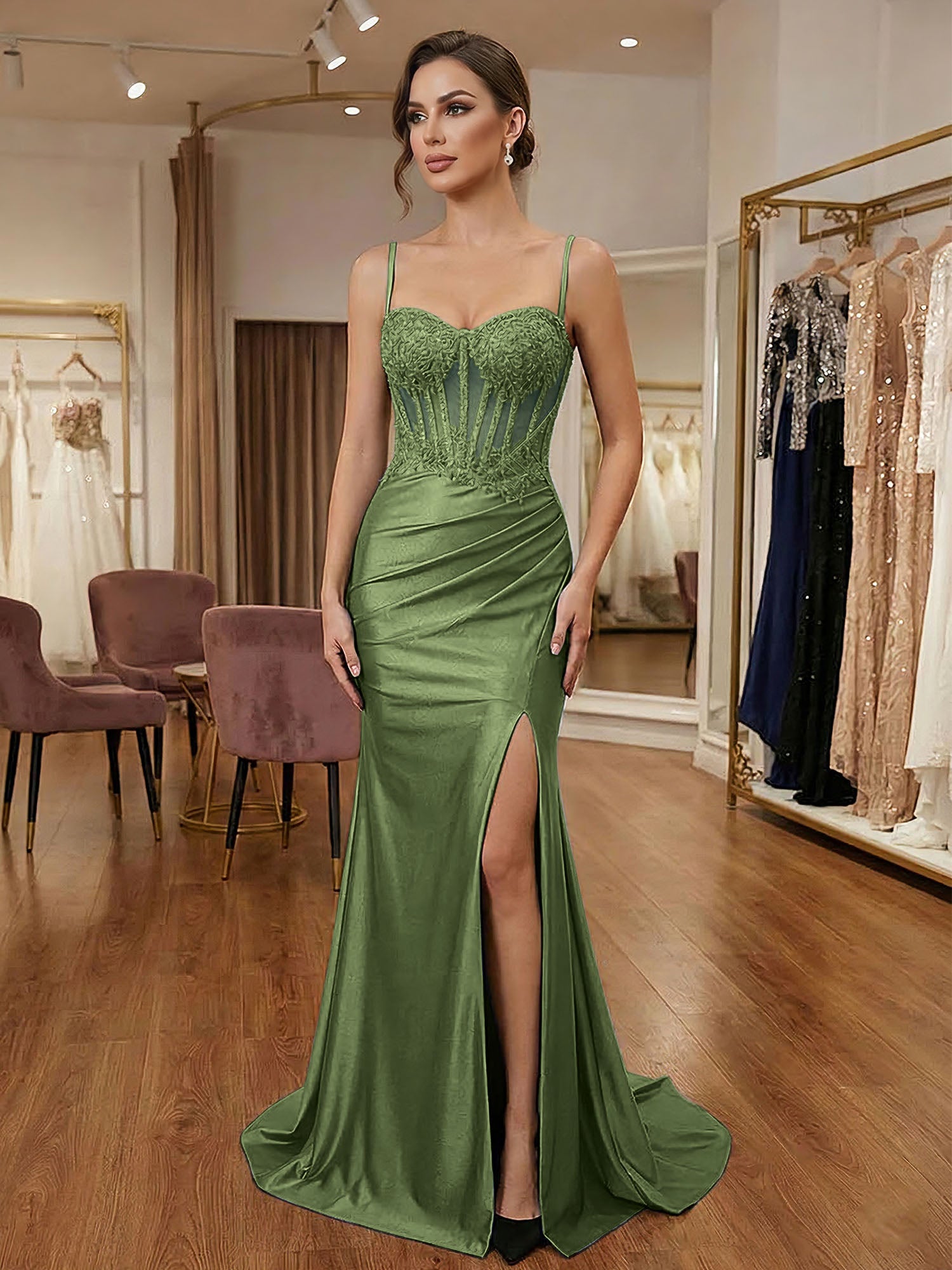 Black Beaded Corset Satin Long Prom Dress with High Slit