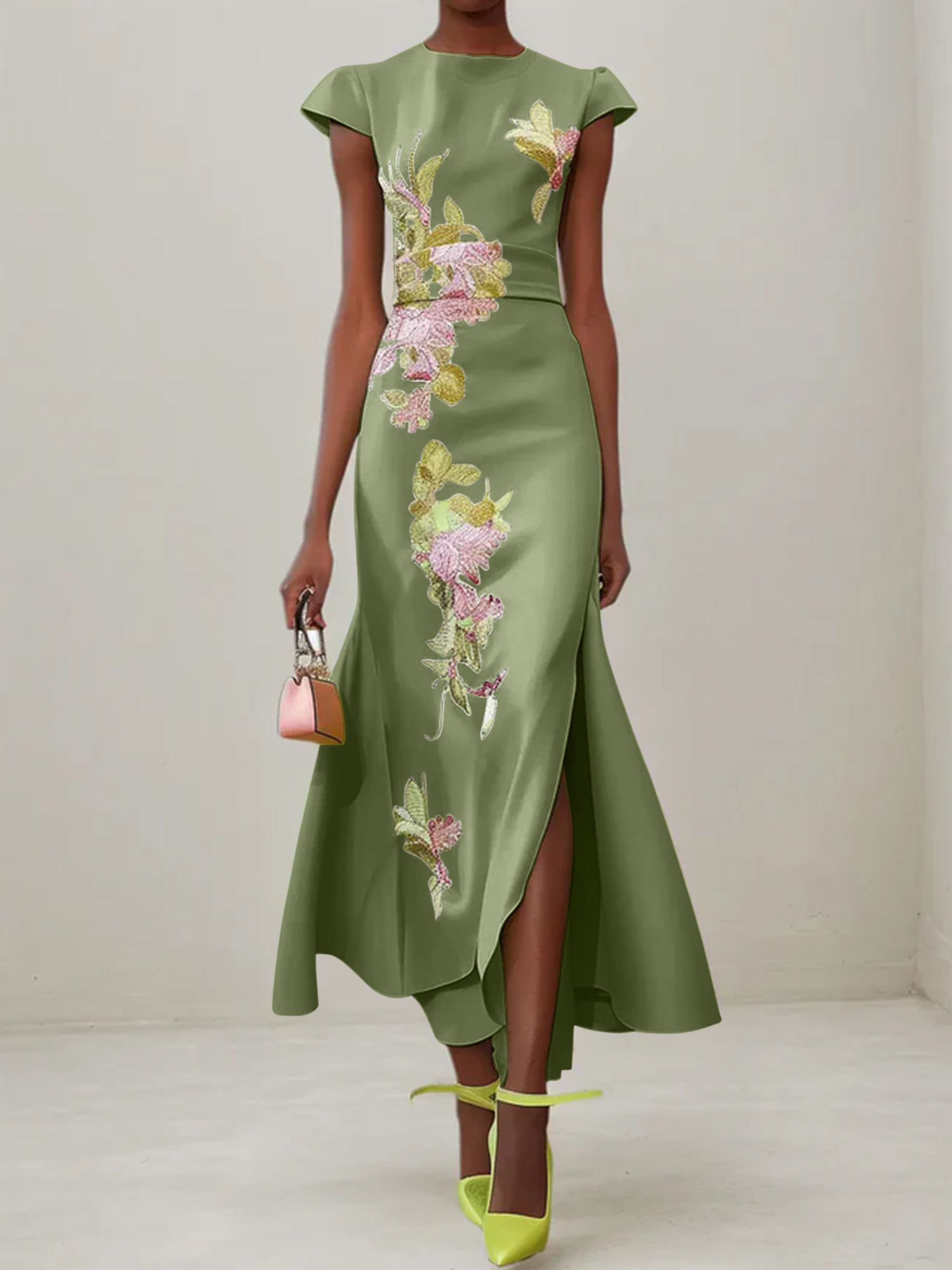 Green Floral Embroidered Cap Sleeve Slit Sheath Maxi Dress