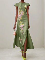 Green Floral Embroidered Cap Sleeve Slit Sheath Maxi Dress