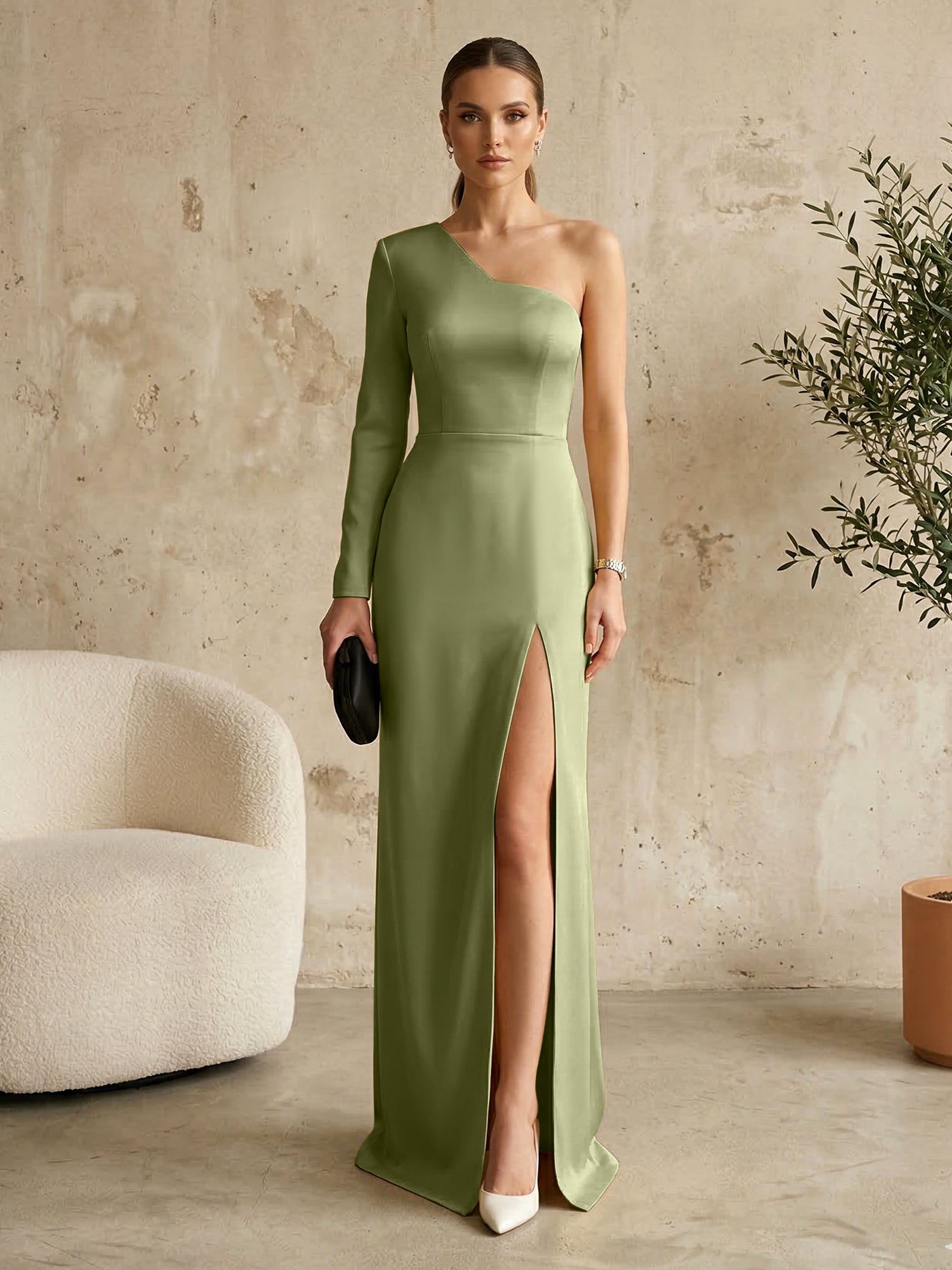 Long Sleeves Black One Shoulder Formal Dress Evening Gown