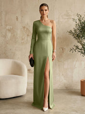 Long Sleeves Black One Shoulder Formal Dress Evening Gown