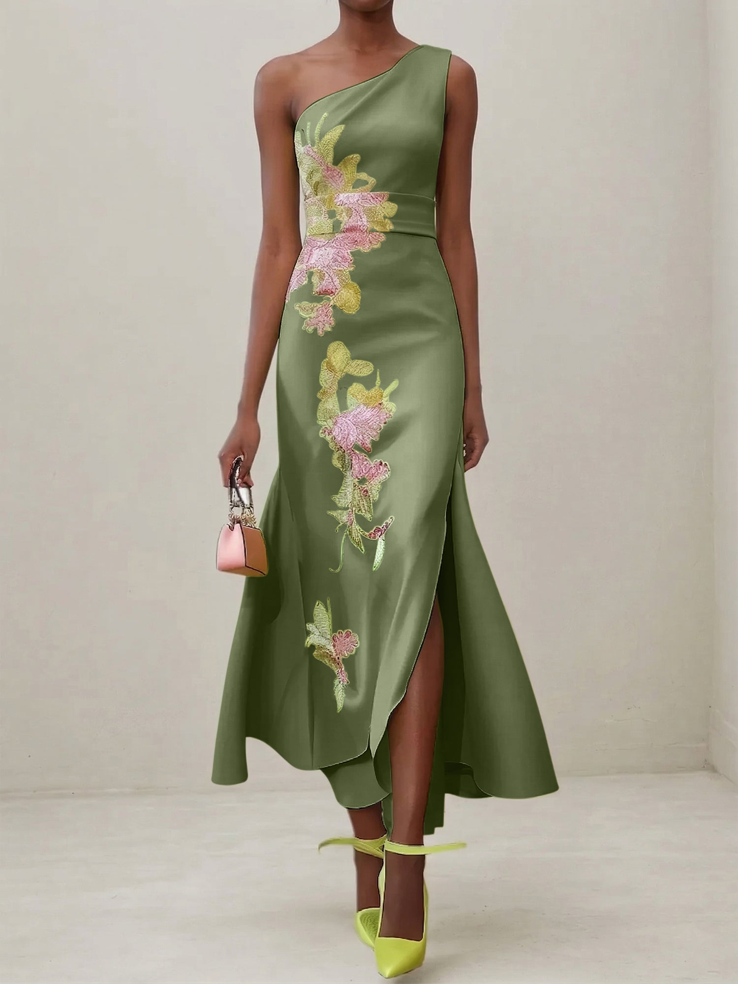 Green Floral One Shoulder Embroidered Cap Sleeve Slit Sheath Maxi Dress