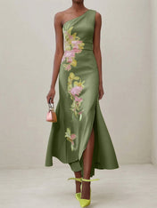 Green Floral One Shoulder Embroidered Cap Sleeve Slit Sheath Maxi Dress