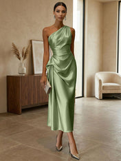 Champagne Ruched Satin One Shoulder Sleeveless Sheath Midi Dress