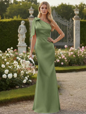 Light Blue One Shoulder Satin Sheath Long Bridesmaid Dresses