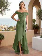 Off the Shoulder Pleat Satin High Low Mermaid Evening Dresses for Women