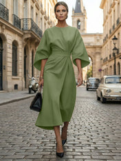 Loose Batwing Sleeve Dress Tight Waist Solid Color Elegant Dresses