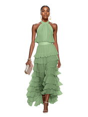 A Line Pink Chiffon Halter Neck Sleeveless Ankle Length Dress With Cascading Ruffles